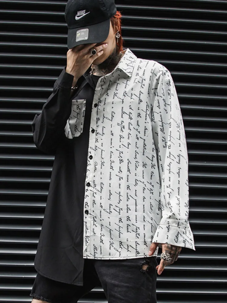 Men Letter Printing Splice Hip Hop Fashion Casual Loose Long Sleeve Shirt Male Streetwear Dress Shirt