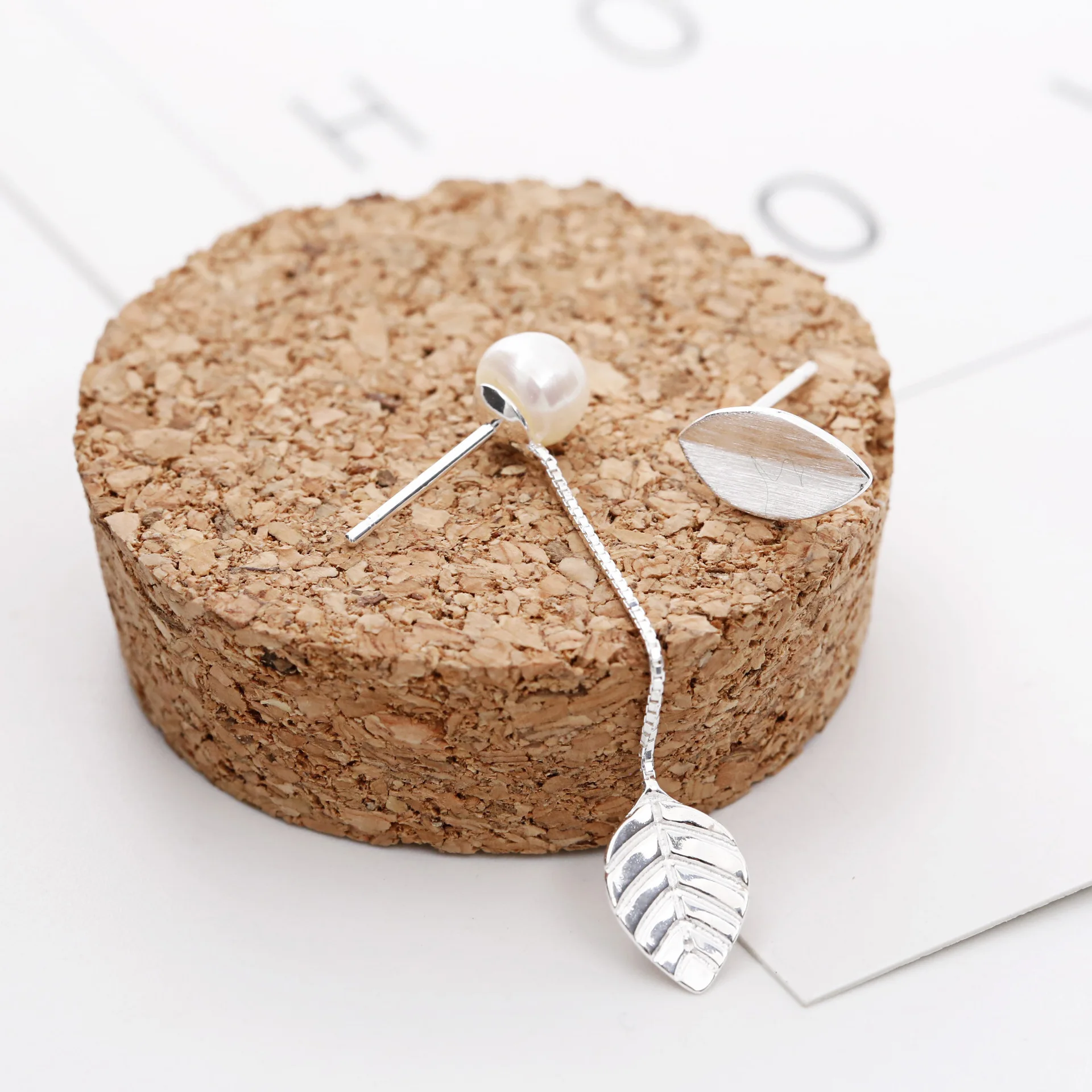 sweet pearl leaves 925 Sterling Silver stud Earrings asymmetric Ear Wire for women gift