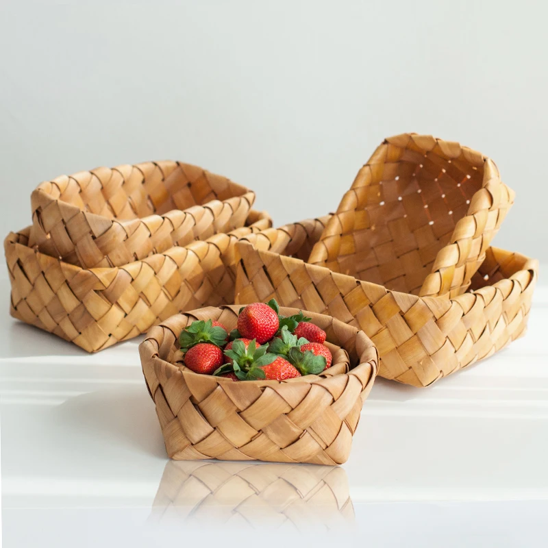 

Nordic Creative Handmade Wood-chip Woven Storage Basket Kitchen Clutter Baskets Wicker Home Organizer Toy Food Fruit Vegetable