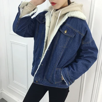 

Autumn Spring Thicken Lambs Wool Basic Denim Jacket Women Corduroy Loose Long Sleeve Coat Warm Velvet Jeans Outerwear