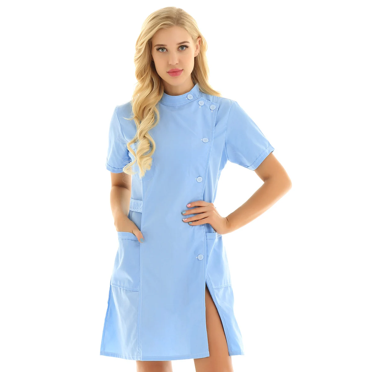 DPOIS, медицинский Халат для женщин, одежда для девушек, Мандариновый воротник, униформа медсестры, парикмахерские комбинезоны, лабораторное пальто для медсестер - Цвет: Sky Blue