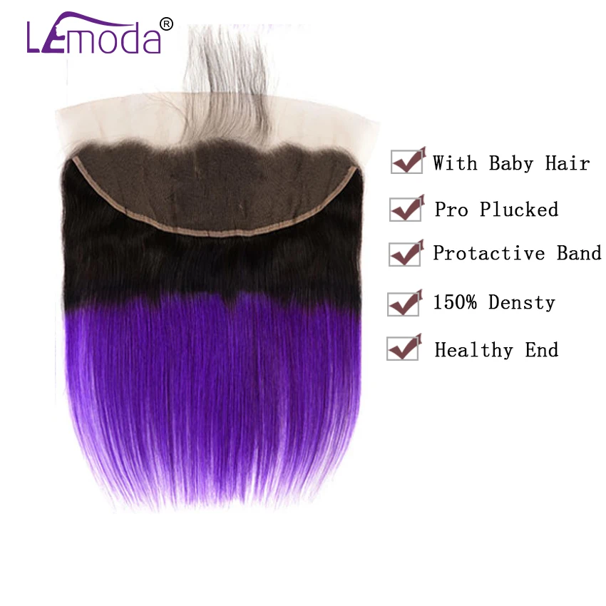 Ombre 3 Bundles With Frontal Brazilian Straight Human Hair Bundles With Closure Color 1BPurple LeModa Remy Hair Extension (3)