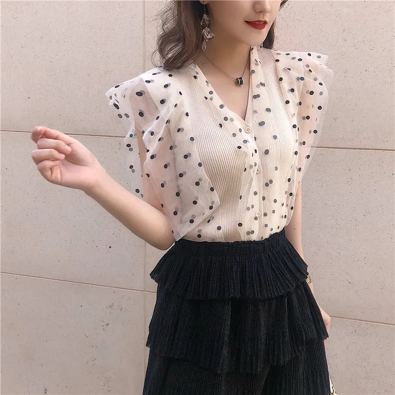 

Sweet Summer New Women Retro Tops Polka Dot Lace Knit Vest V Neck Sleeveless Shirts Ice Silk Slim Short Lace Top Ruffled Tanks