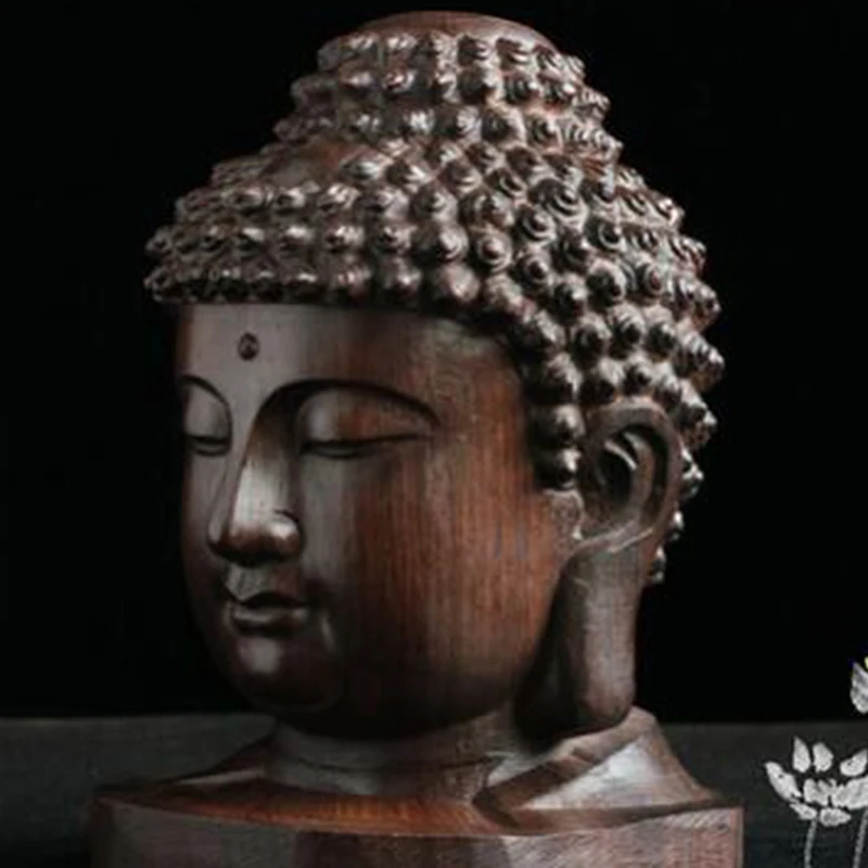 Wooden Mahogany Buddha Head Statue - Handcrafted Figurine for Home Decor image 2