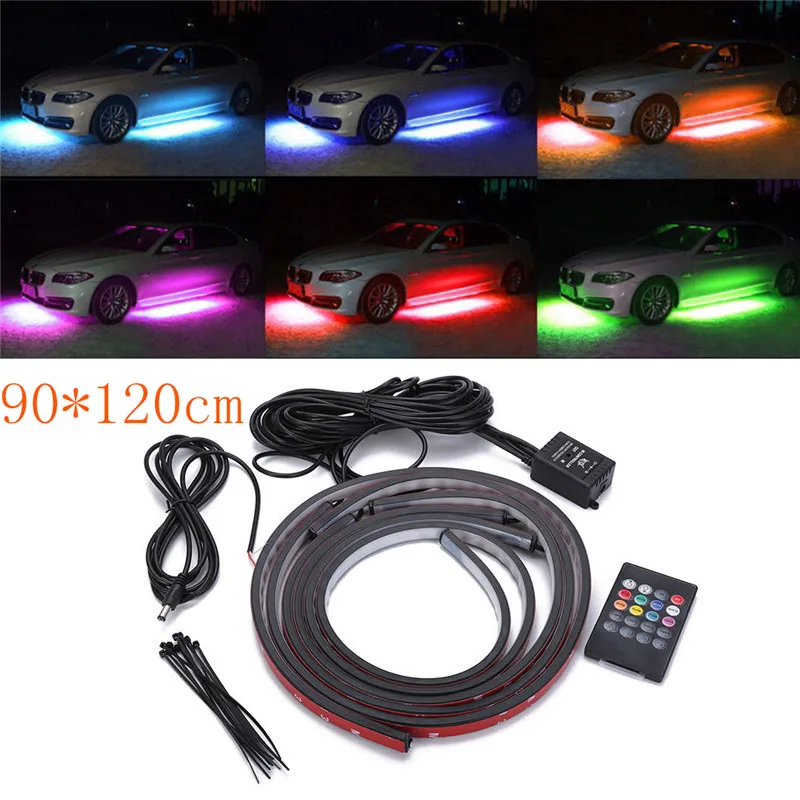 4 шт. автомобиль RGB Светодиодные ленты свет под Светодиодные ленты светильники 7 цветов Водонепроницаемый 90/120 cm левый и правый Управление шасси атмосферу свет комплект