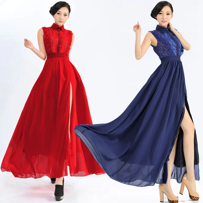 2014 Summer A-Line Turn-down Collar Sleeveless Lace Chiffon Dress Front Side Split Dresses | Женская одежда