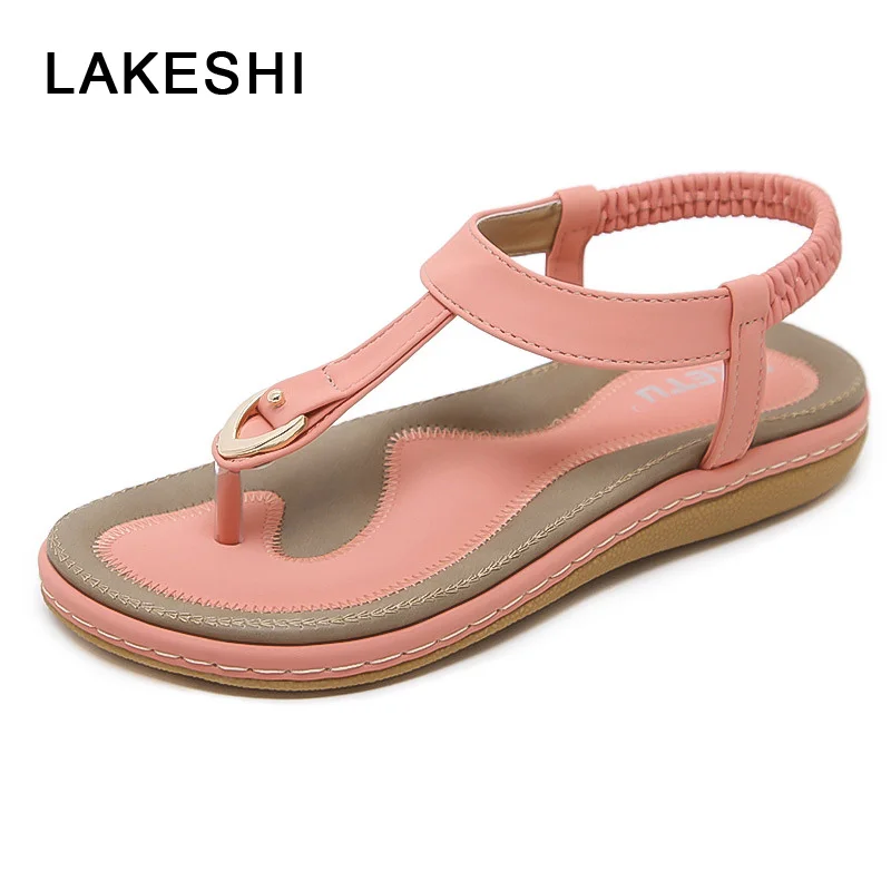 LAKESHI الوجه يتخبط النساء الصنادل البوهيمي المرأة النعال النساء حذاء مسطح صنادل سيدات 2019 الصيف صنادل شاطئ حجم 10
