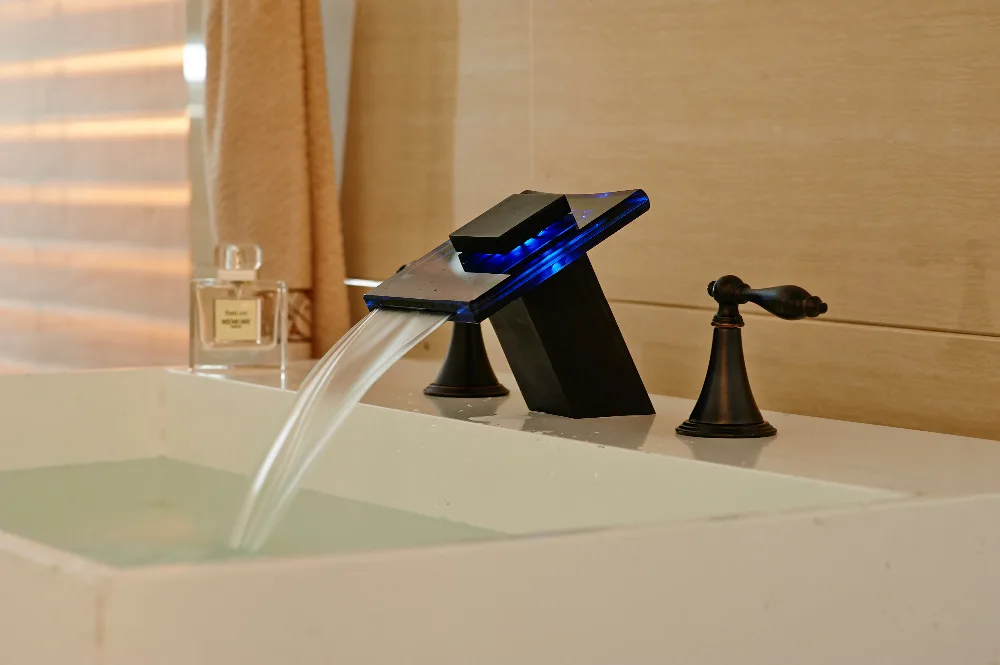 

New Deck Mounted Oil Rubbed Bronze Faucet LED Basin Sink Mixer Tap Dual Handles