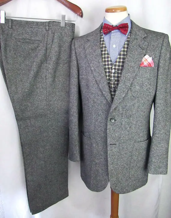

Dark Gray Tweed 2 Pcs Suit Wool Fit Slim Jacket Vest Pants 40 42 44 46 48 Custom