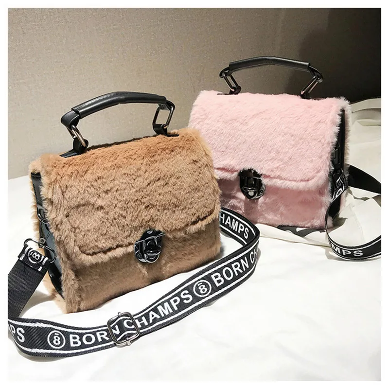 Winter Women New Hairy Bag Tote Shoulder Satchel Bags Korean Small Square Broadband Turn Lock Warm Plush Sweet for Girls SS3507 (23)