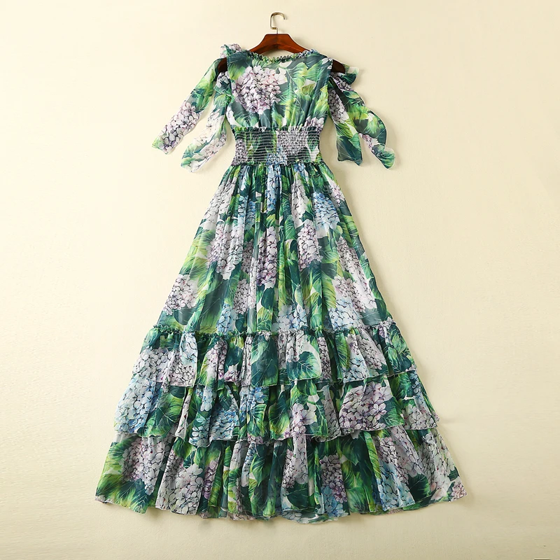 MoaaYina, летнее подиумное платье для женщин, на тонких бретелях, v-образный вырез, зеленые листья, цветочный принт, эластичная талия, богемное пляжное нарядное платье