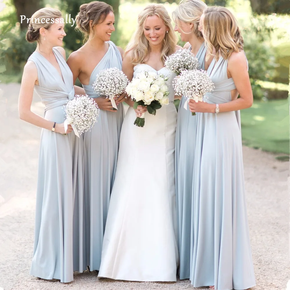 New Light Blue Covertible Bridesmaid Dresses Pleated Floor length Country Beach Wedding Guest Party Gowns Cheap Long Prom Dress
