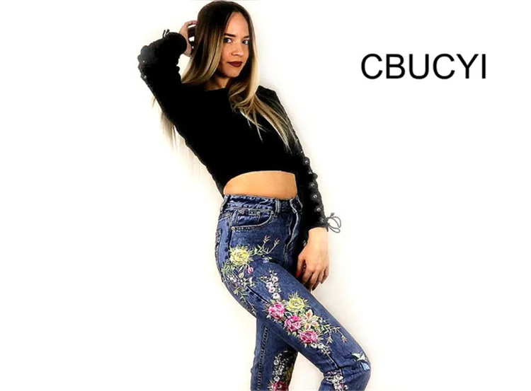 European and American women's ultra-popular stereo 3D heavy bird flower before and after embroidery high waist Slim straight jea (1)