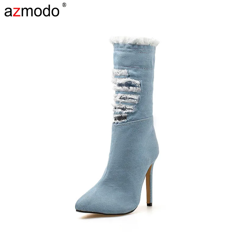 

New Fashion Autumn Mid Calf Women Booties Shoes Zip Pointed Toe Shoes Thin Heel Denim Rubber Sole Ladies Party Boots