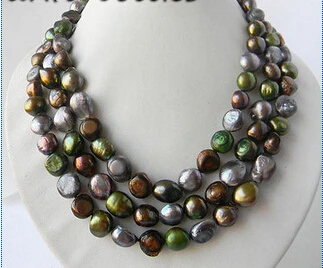 

Wholesale FREE SHIPPING 3Strands 18'' 12MM Coffee Gray Green Baroque Freshwater Pearl Necklace