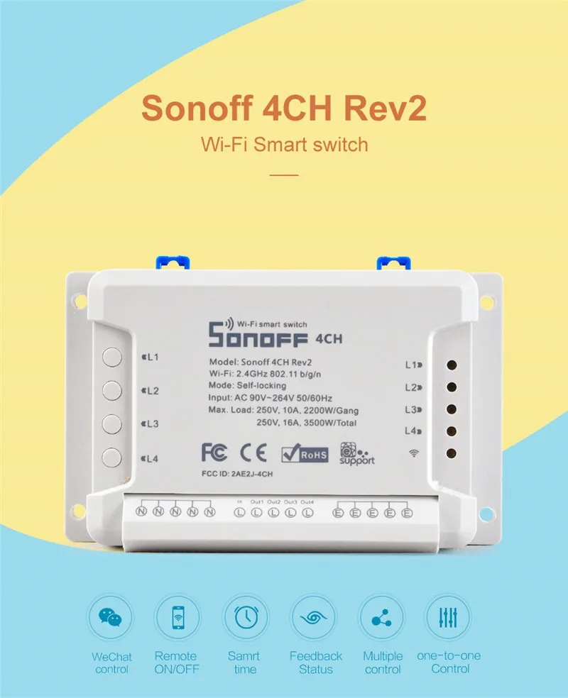 Itead Sonoff 4CH R2 Интеллектуальный переключатель Wi-Fi 4 Gang Беспроводной пульт дистанционного управления Wi-Fi выключатель света приложение Управление умный дом 10A 2200 Вт работает с Google