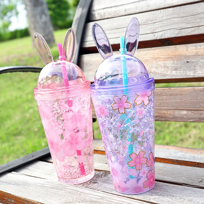 Пластиковый стакан со льдом с двойными стенками для холодного напитка, кофе, милый Вишневый цвет, чашка для путешествий с кроличьими ушками, кружка с соломенным жидким колпачок для стакана