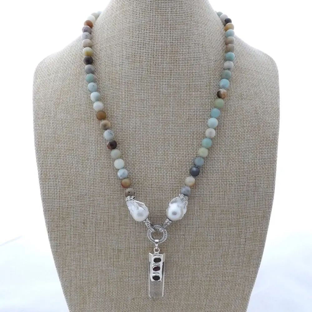 

M012907 23" Blue Stone White Pearl Necklace Clear Crystal Pendant