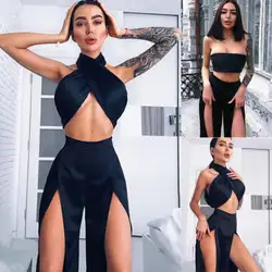 Летние для женщин 2 шт. Сексуальная Bodycon рукавов спинки кружево Up Crop Top Высокая талия Slipt бедра брюки для девочек одноцветное наборы