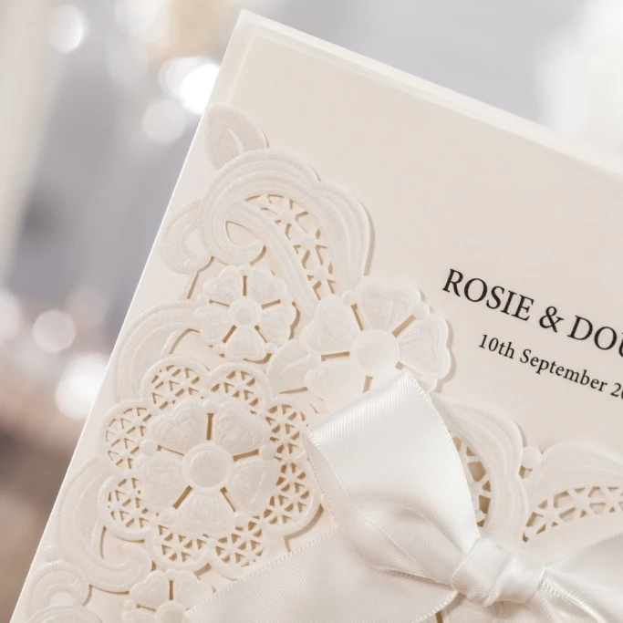 Cheap Wedding Invitation Card With Laser Cut Embossed Floral And Bow