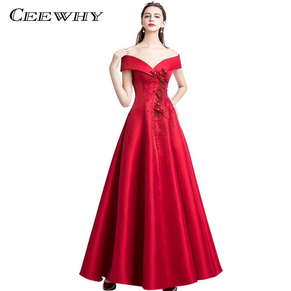 CEEWHY Boat Neck Long Evening Dresses Appliques Beading Evening Dress