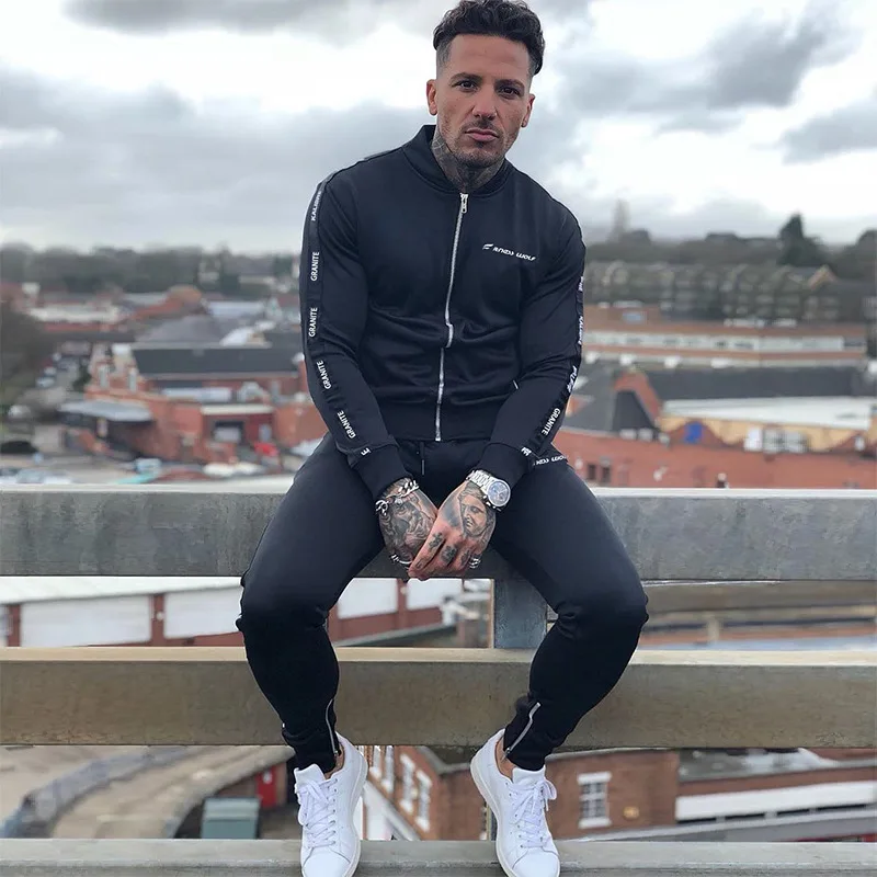 

Autumn new sports fitness men's jacket fashion letter embroidery Slim zipper jacket long sleeve men's two-piece