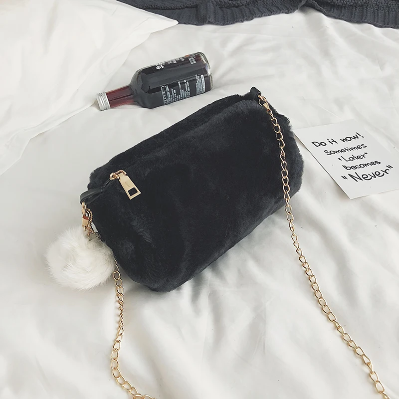 Hot Barrel Shaped Bag Velour Female Chain Handbag Fur Ball Women Purse Crossbody Messenger Shoulder Bags Sac A Main mujer bolsaIMG_5234