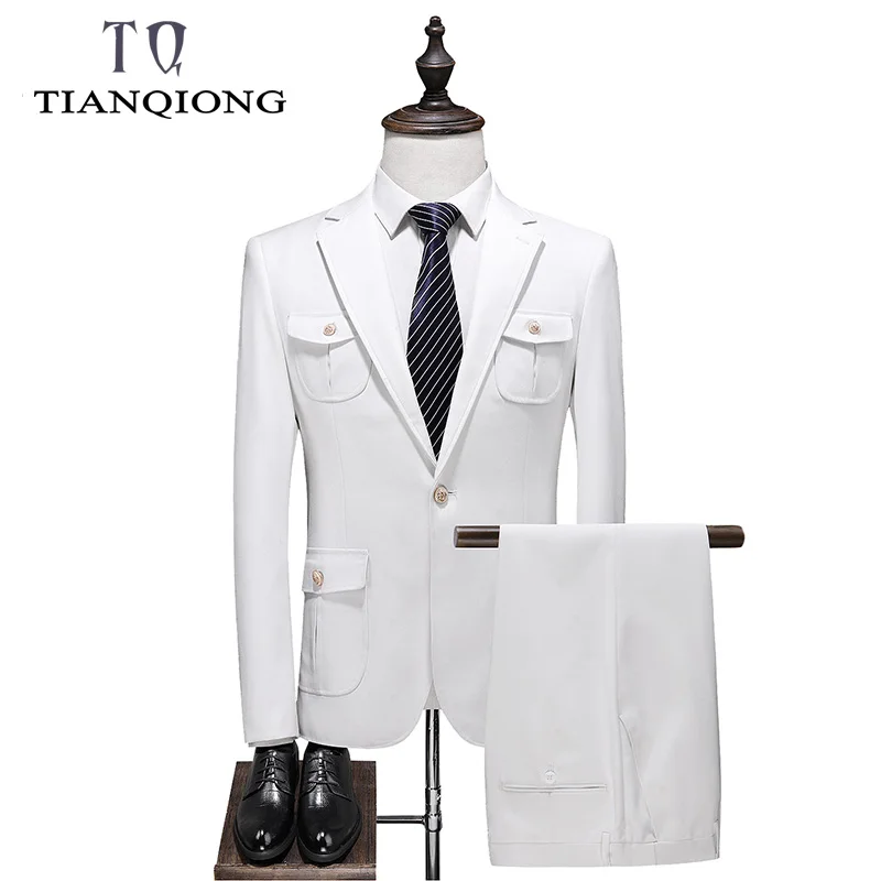 

TIAN QIONG Brand Many Pockets White Suit Men Tassel Mens Captain Suits Groom Wedding Suit Prom Stage Wear Mens Suits with Pants