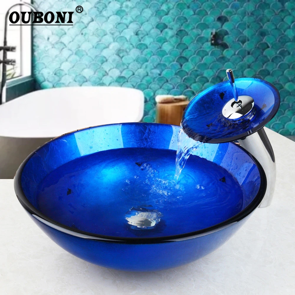 Blue Bathroom Sink Washbasin Hand Painted Glass Sink Waterfall Chrome