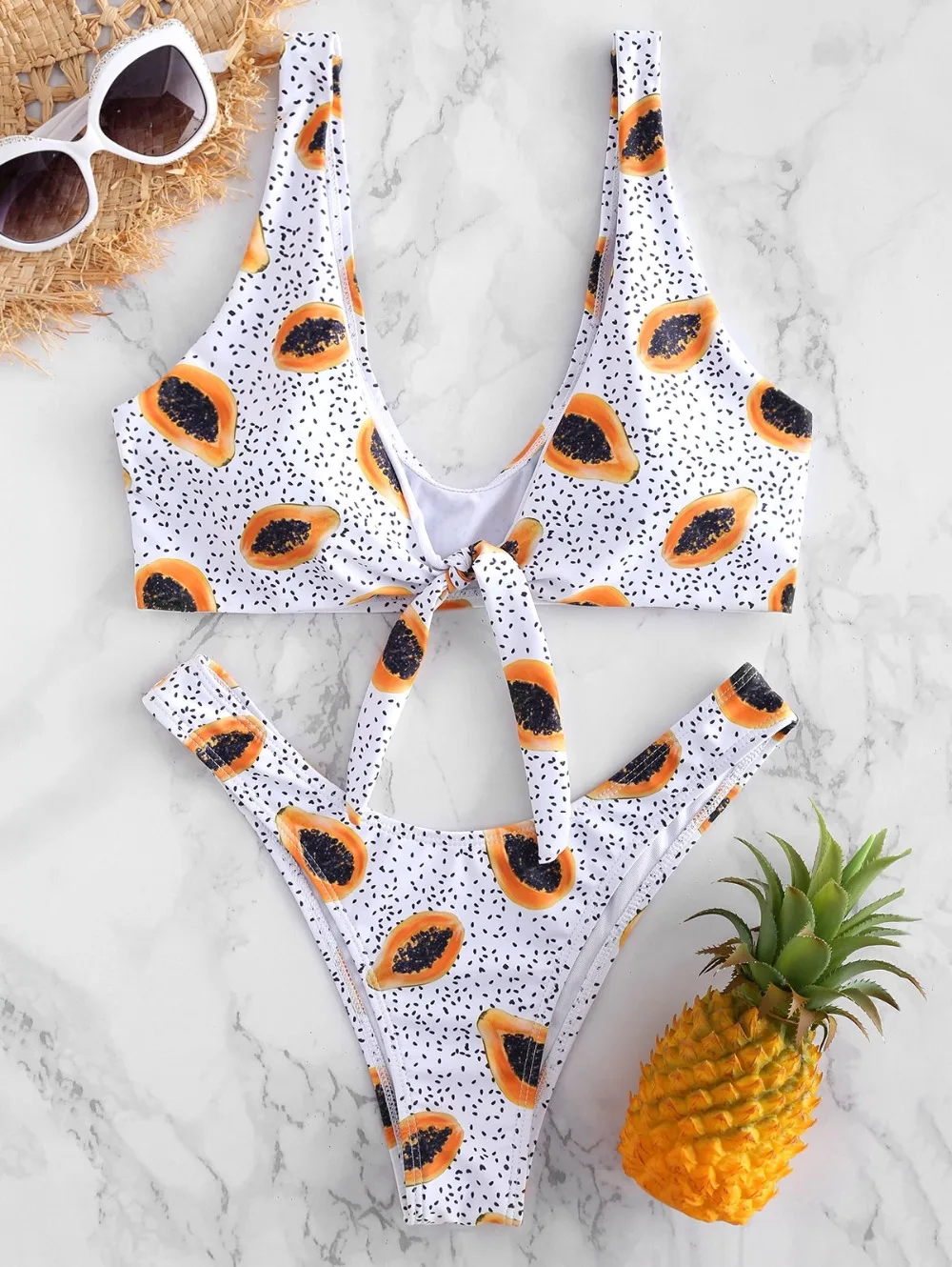 Plunging Neck Papaya Print Bikini Set Tropical Spandex Bikini Women Bra