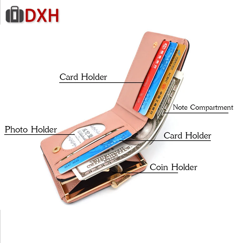 DXH 2019 جديد محفظة نسائية صغيرة غلق بمشبك محفظة ل الفاخرة العلامة التجارية سيدة المحافظ الإناث محافظ المرأة البسيطة جلدية مخلب حامل بطاقة