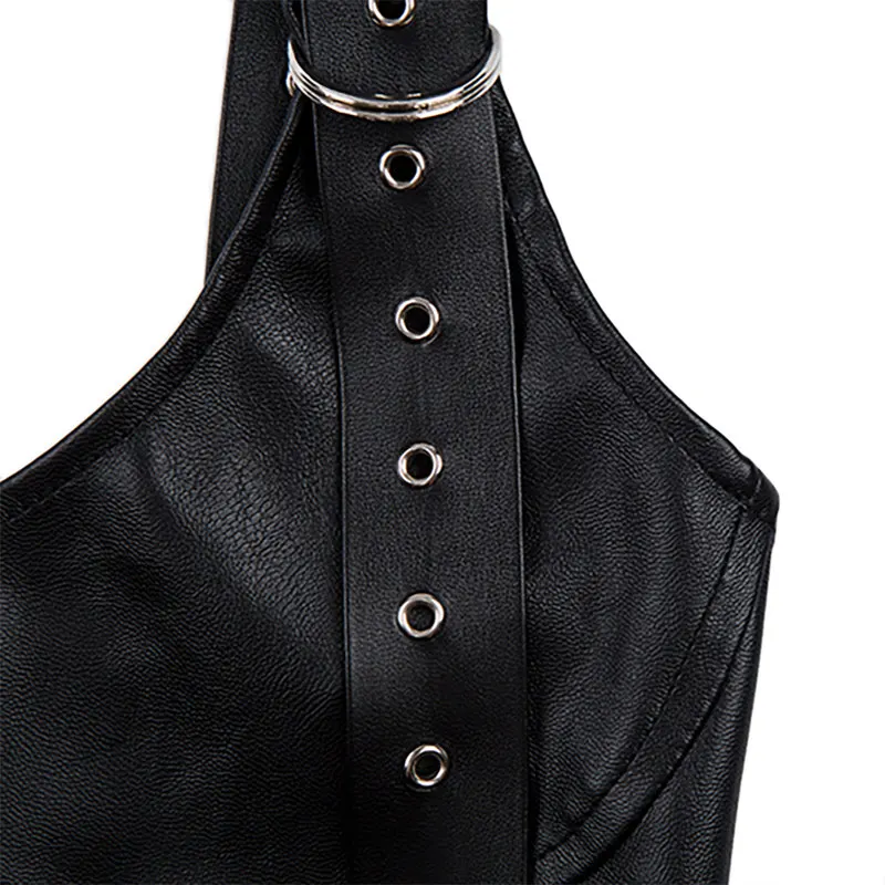 Черный PU кожаный бюстгальтер Для женщин укороченный топ Одна деталь Беспроводной бюстгальтер сексуальное женское белье пуш-ап
