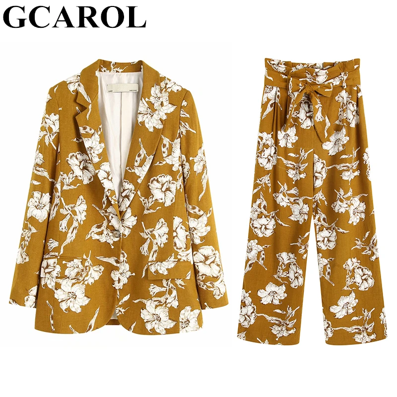 

GCAROL New Spring Summer Women 2 Pieces Sets Lily Floral Suit High Waist Pants Cotton&Linen OL Women'sets Wide Leg Pants Outfit