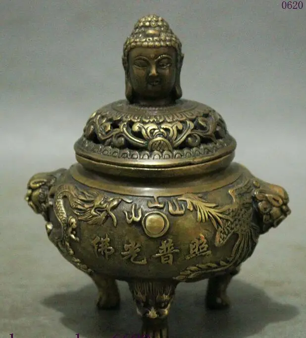 Chinese Buddhism Bronze Dragon Phoenix Lion Buddha Statue Incense Censer | Дом и сад