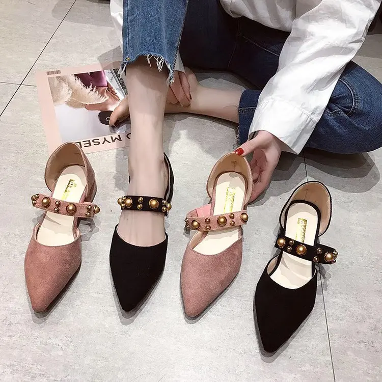 

Spring Korean sweet pearl pointed toe thick with shallow mouth scoop shoes lazy single shoes female