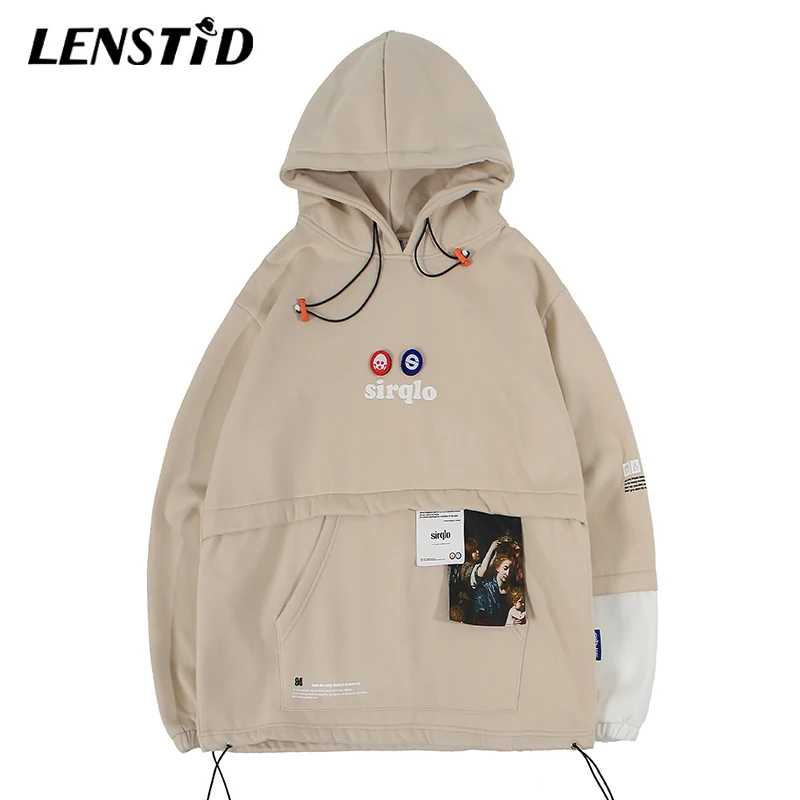 

LENSTID Autumn Winter Hip Hop Loose Thicker Fleece Pullover Hoodies Patches Design Streetwear Men Harajuku Casual Sweatshirts