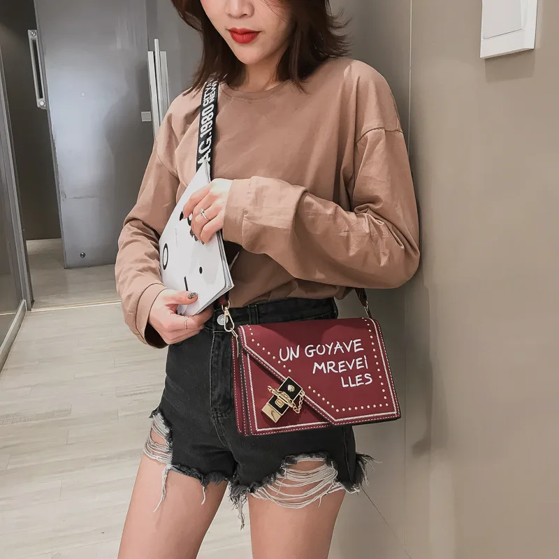 

Frosted Letter Single Shoulder Bag Plug Lock Rivet Handbag with Strap for Women Girls LT88
