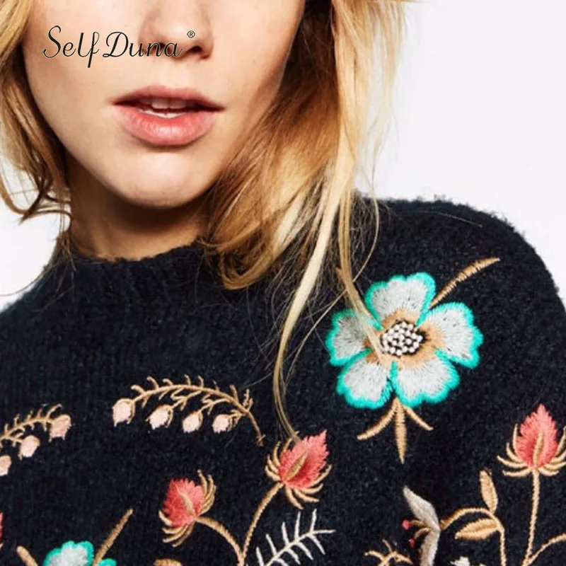 Femmes Automne Fleur Hiver Black Tricots Broderie Jumper Pulls Duna Tricoté Brodé Floral Vintage Noir Chandail 2019 Auto qPtOEO