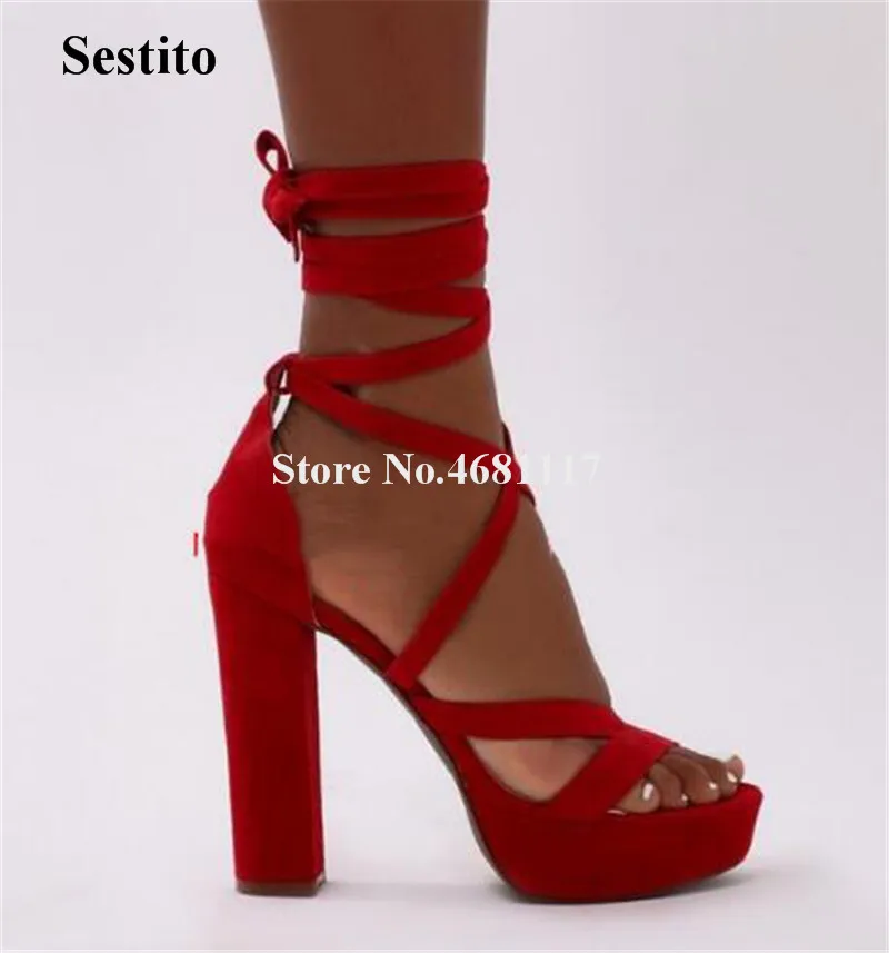 

Summer New Fashion Women Open Toe Suede Leather High Platform Chunky Heel Sandals Yellow Red Strap Cross High Heel Sandals