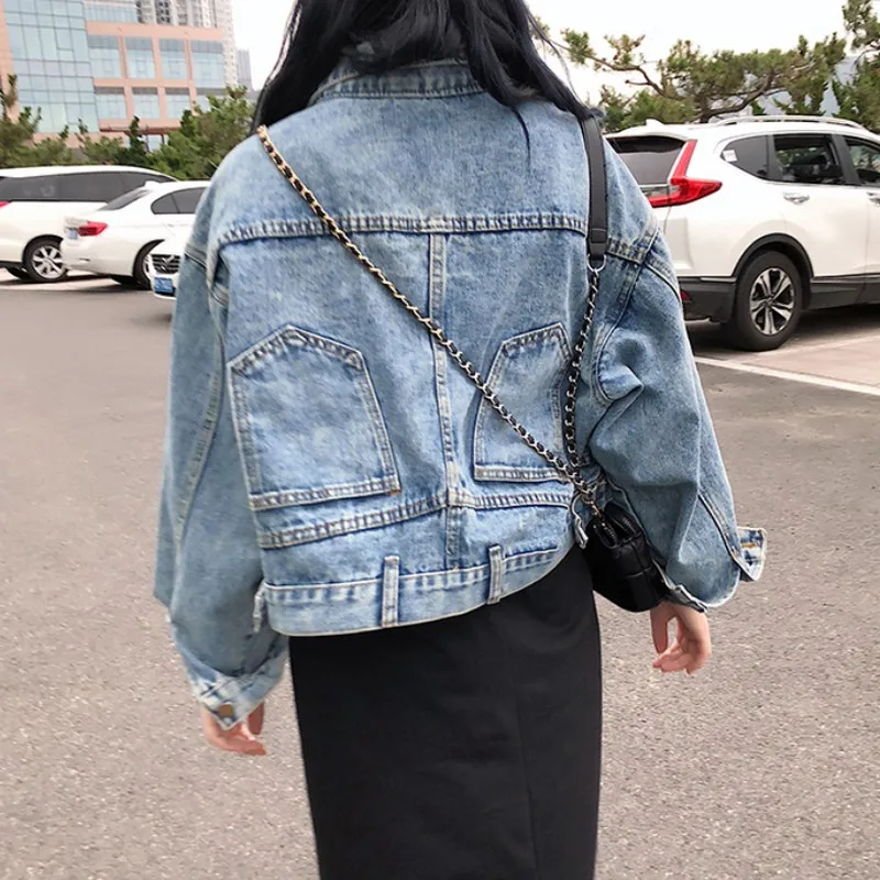

New Korean Style Spring Autumn Plus Size Loose Women Short Denim Jacket Back Pocket Decoration Long Sleeve Ladies Short Coat