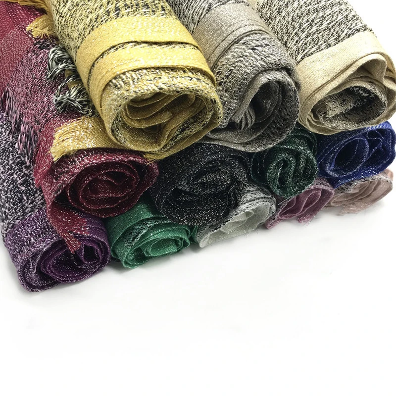 10pcs/lot Ethnic Gold Thread Crinkle Cotton Hijab Scarf Women Scarves Tassel Shawl Shining Soft Silver Wire Muslim Head Scarf