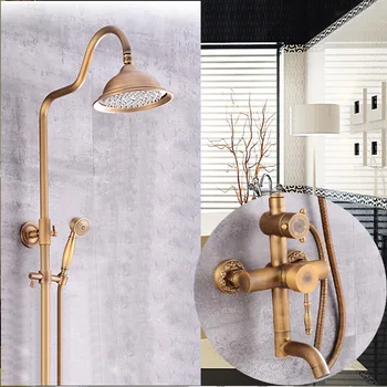 Buy New Luxury Antique Brass Carving Rainfall Shower Sets Faucet Mixer Tap Tub Faucet Brass Bath & Shower Faucet Set Bathtub Faucet