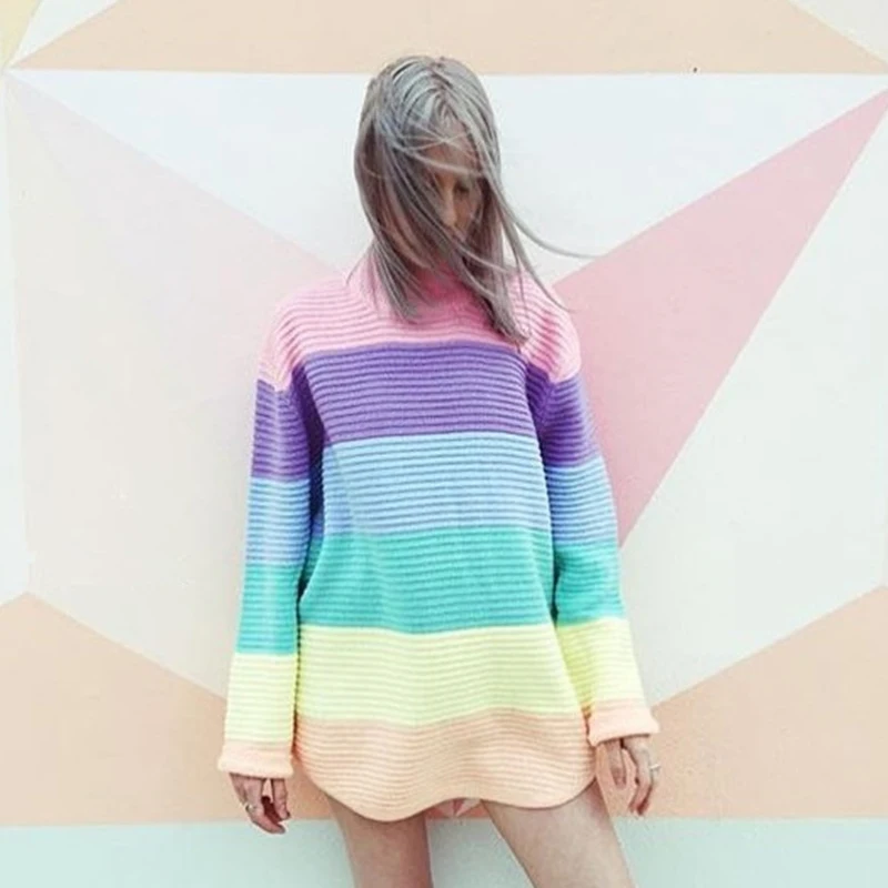 

Women Winter Turtleneck Rainbow Sweater 2018 Colorful Casual Loose Knitted Pullover Female Soft Warm Autumn Multicolour Sweaters