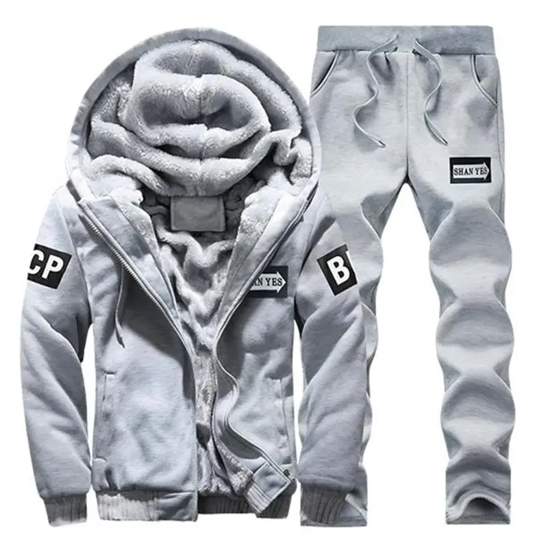 Hoodie Sweatshirt Men/Women Coat Fleece Hoodies Sweatshirts+Sweatpants Suit Autumn Winter Warm Printed Hooded Pullover Male - Color: QYK20 Gray