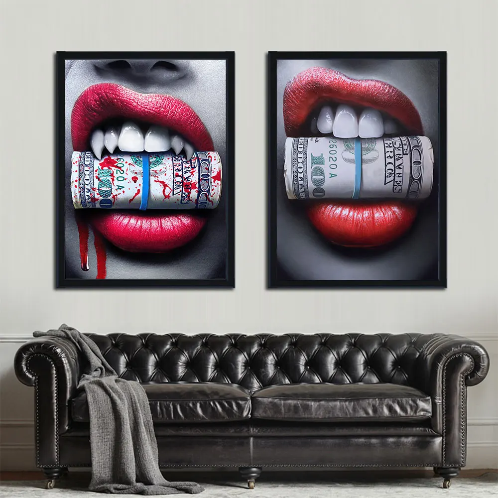 WANGART-Poster-Art-Sexy-Red-Lip-Money-Bite-Bullet-Print-Wall-Oil-Painting-Canvas-Picture-Living (1)