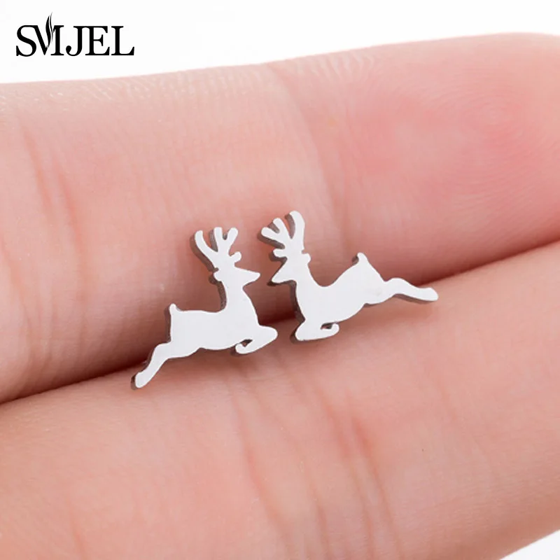 SMJEL маленькие серьги-гвоздики с мультяшным оленем и снежинками для девочек, детские рождественские украшения из нержавеющей стали, женские серьги - Окраска металла: GED088