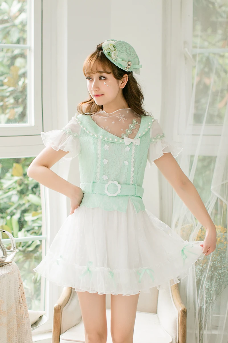 

Princess sweet lolita candy rain light green for summer short sleeve Slim chiffon dress C22AB7098
