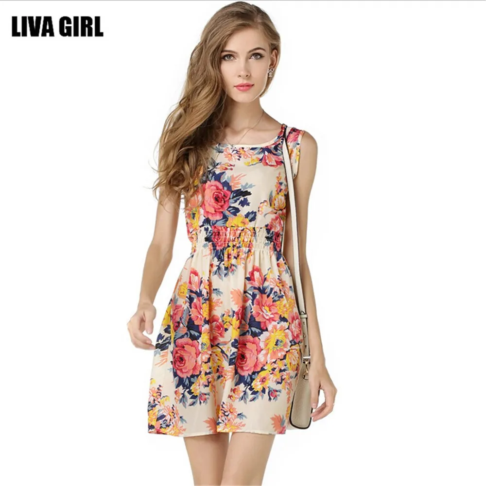Summer Style Women Dress Casual Mini O-Neck Sleeveless Short A Line Dress Printed Party Evening 2015 Plus Size Elegant Dress  (10)