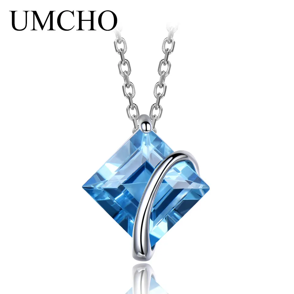 

UMCHO 3.4ct Genuine Natural Swiss Blue Topaz Gemstone Pendants Necklaces For Women Pure 925 Sterling Silver Necklace Jewelry