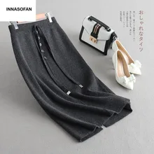 INNASOFAN юбка Женская осенне-зимняя вязаная Плотная юбка с высокой талией Евро-американская модная теплая длинная юбка с пуговицами